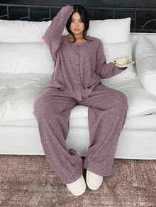 Dazy Plus 2 Stücke Große Größen Damen Dicke Fleece V-Ausschnitt Locker Top und Hose Pyjama Set, modische Hauskleidung für Herbst/Winter - Mauve - Übersicht 3
