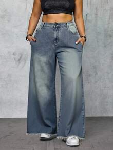 ROMWE Goth 大码女式休闲复古水洗蓝星刺绣装饰宽松直筒牛仔裤，秋冬大码女式下装牛仔裤 - 中等水洗藍 - 查看 2