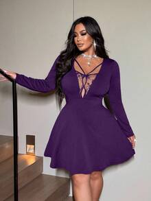 NU&NOW Váy chữ A dài tay tối giản màu trơn ren chắp vá gợi cảm cho nữ cỡ lớn - Màu tím - Xem 2