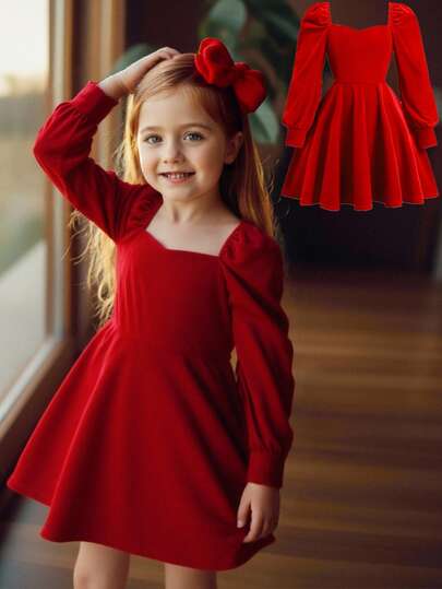 Serisse Kids Conjunto de falda y blusa de niñas jóvenes de estilo elegante de terciopelo, ajuste delgado, cuello cuadrado, manga farol, cintura de línea A. Vestido de punto rojo ajustado para Navidad y uso diario, Año Nuevo, fiesta