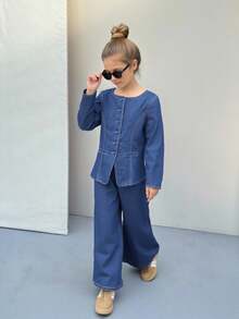 SHEIN Tween Girls Fashion Long Sleeve Button-Up Denim Shirt & Pants Set Girls Spring And Autumn Suit Two Pieces Denim Set - Dark Wash - View 2