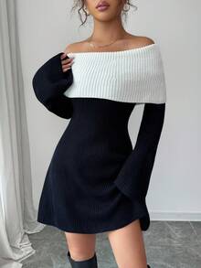 Rafferiza Váy ngắn chữ A tay loe dài phong cách Pháp thanh lịch giản dị tối giản ngày lễ hàng ngày màu đen và trắng tương phản cổ điển, thanh lịch, giản dị, tối giản, thích hợp cho mùa thu/đông, tiệc tùng, khách dự tiệc cưới, váy len nữ - Đen và trắng - Xem 4