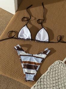 Bonvoyette Swim Vcay 优雅女士 2026 多色波点沙滩泳衣,清新撞色动物纹印花,超柔软塑形弹力罗纹针织挂脖三角比基尼套装,可调节系带挂脖比基尼上衣(带可拆卸胸垫),Y2K 美学高衩性感比基尼下装(撞色条纹图案)。 - 彩色 - 查看 3