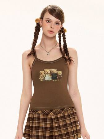 Kawaii Camiseta de tirantes de mujer con diseño minimalista, vintage y lindo de oso rústico hecho a mano