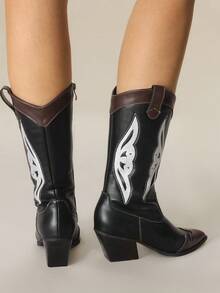 Styleloop Sexy Fashion Contrast Embroidered Pointed Toe Chunky Heel Western Style Side Zipper Over-The-Knee Boots For Women, Suitable For Christmas, Thanksgiving, Party, New Year - Multicolor - View 2