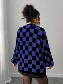 Elenzga 秋冬时尚休闲撞色棋盘格纹宽松开衫，女款，大码可选，适合外出、度假、派对等场合。 - 藍色 - 查看 2