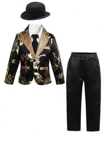 SHEIN 4-7 Years Old Gentleman 2 Pieces Set:Gold Foil Print Blazer Jacket&Straight Leg Pants Outfit For Wedding,Summer,Traditional Birthday Formal Event - Black - View 3