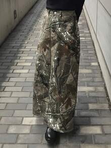 FRIFUL Chân váy ngắn denim in họa tiết graffiti phối màu tương phản, dáng rộng, thời trang nữ. - màu xanh lá - Xem 3