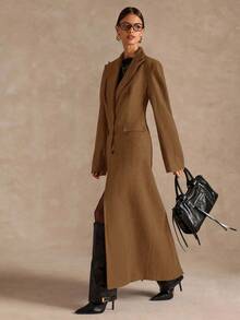 SHEIN BAE Áo khoác dài cao cấp, thắt eo màu trơn, thời trang thu/đông - Lạc đà - Xem 3