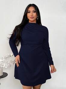 Firerie 大码春秋新款优雅简约精致浪漫甜美日常通勤婚礼派对音乐节假日荷叶边A字飘逸长袖弹力女式迷你短裙 - 藏蓝色 - 查看 4