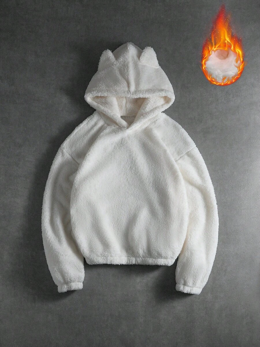 PAVTROS 男士连帽抓绒卫衣，卡通耳朵设计，白色，创意风格，适合休闲、通勤、日常穿着、街头潮流，是送给男友、老公、休闲、运动、通勤、返校、度假、情侣装、个性单品、朋友、街头服饰的绝佳礼物。 - 白色 - 查看 1