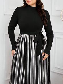 Modelyn 大码女式休闲通勤日常百搭撞色条纹高领系带毛衣连衣裙，秋冬款 - 黑色 - 查看 6