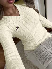 SHEIN EZwear 女士奶油黄色 V 领长袖休闲毛衣，日常穿着，秋冬校园上衣 - 杏色 - 查看 5