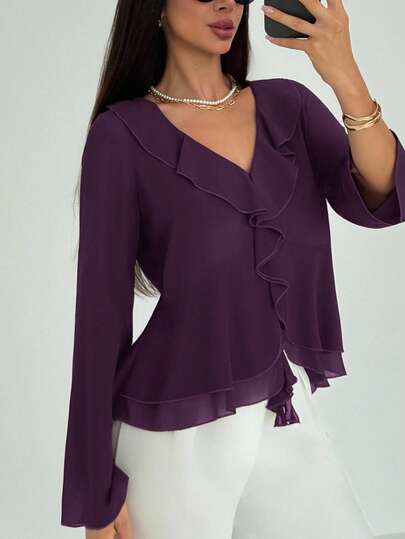 Aloruh بلوزة نسائية جديدة عصرية للتنقل اليومي الكاجوال البوهيمي مزينة بالكشكشة ذات فتحة رقبة عميقة على شكل V وأكمام طويلة ضيقة