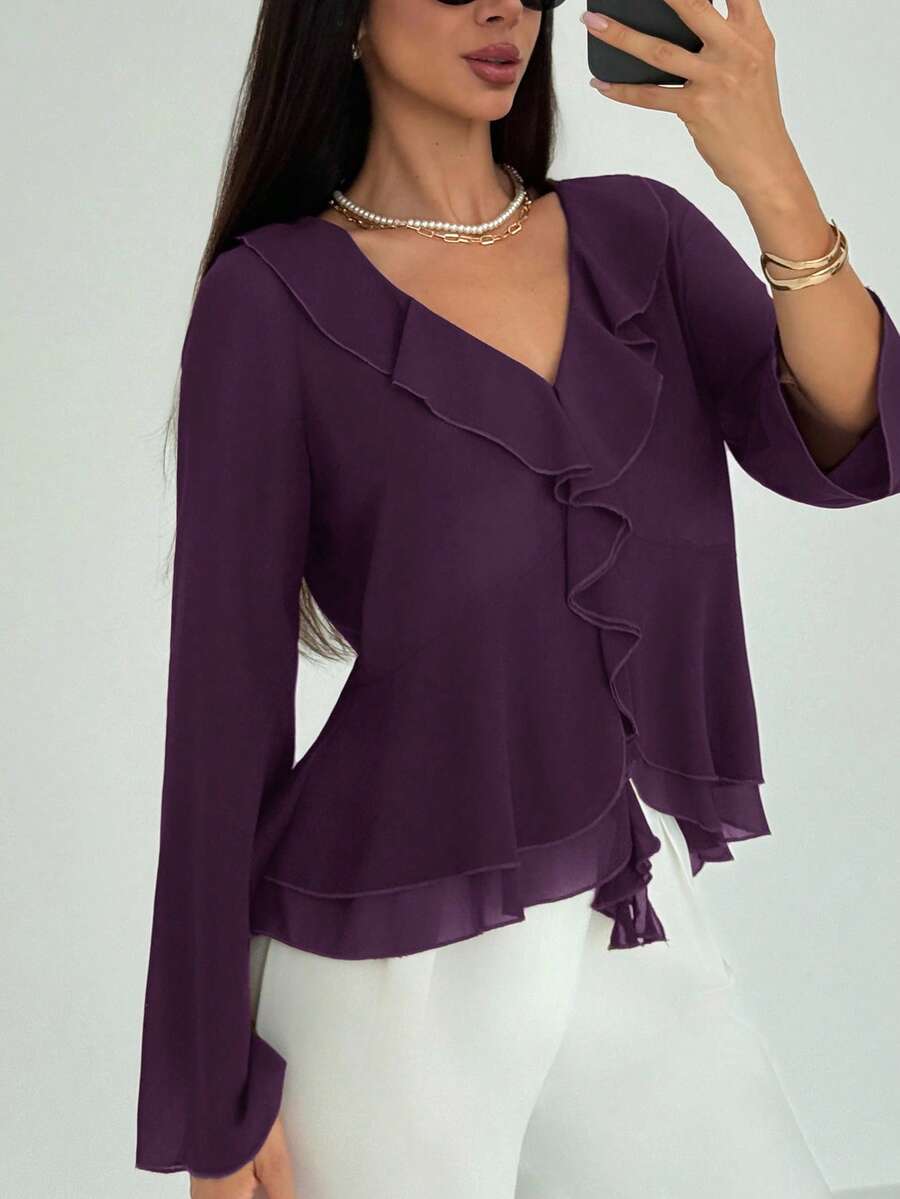 Aloruh 女士新款时尚通勤日常休闲波西米亚风荷叶边装饰深V领长袖修身衬衫 - 紫色 - 查看 1