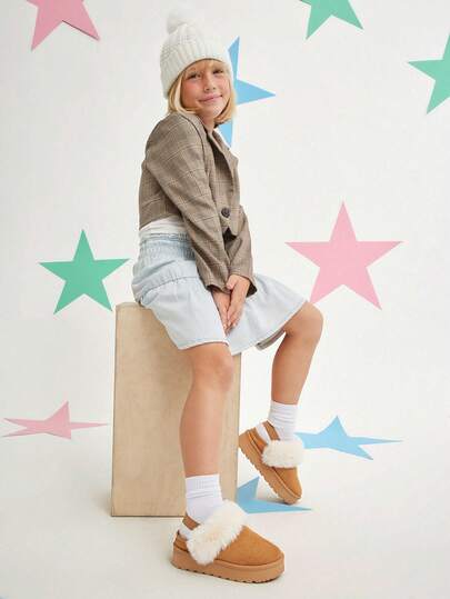 Mini mi 儿童毛绒仿毛皮饰边绒面革棕褐色弹力后带套脚厚底木屐——温暖舒适的款式，适合小公主的日常冒险