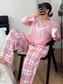 Slumberry CURVE Bộ đồ ngủ tay dài họa tiết kẻ caro hình trái tim cỡ lớn dành cho nữ, trang phục mùa thu đông - Nhiều màu - Xem 5