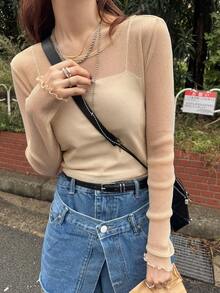 FRIFUL 女士秋季薄纱圆领荷叶边网纱修身长袖衬衫 - 杏色 - 查看 2