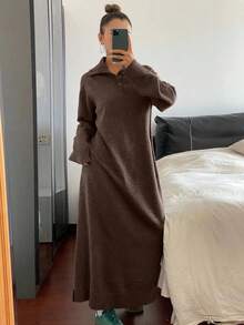 DAZY Loose Casual Gray Knit Sweater Dress For Women, Autumn/Winter - Coffee Brown - View 5