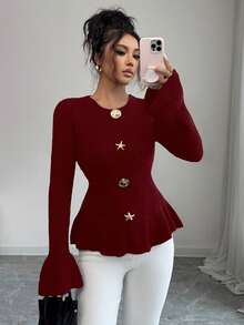 Selianne Women's Elegant Metal Buckle Cuff & Ruffle Hem Design Long Sleeve Sweater, Autumn/Winter - Burgundy - View 5