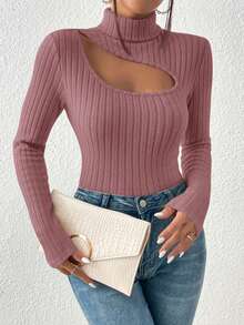 SHEIN Frenchy Cut Out Turtleneck Asymmetrical Top Textured Fabric Tee Christmas Spring - Red Violet - View 3