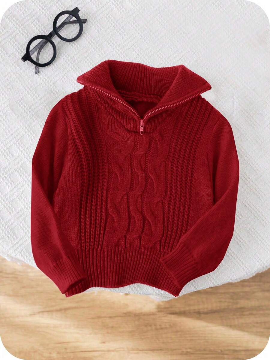 SHEIN 嬰兒男孩/女孩紅色秋季保守款家庭套裝酒紅色復古紋理針織領拉鍊長袖套頭上衣,新年幼兒毛衣 - 紅色 - 查看 1