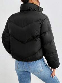 SHEIN Frenchy 女士纯色高领落肩长袖拉链保暖羽绒服，冬季 - 黑色 - 查看 2