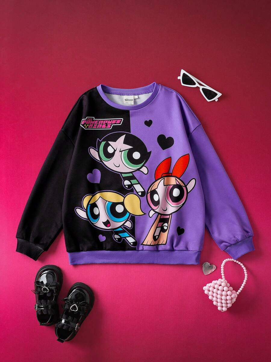 THE POWERPUFF GIRLS X SHEIN Tween Girl Cute Powerpuff Girls Blossom, Bubbles, Buttercup Pattern Colorblock Round Neck Dropped Shoulder Casual Everyday Sweatshirt - Black - View 1
