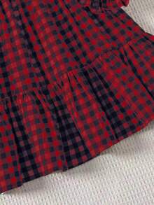 Emery Rose Kids 少女 小女孩 双胞胎女孩 格子宽松可爱休闲格子图案荷叶边荷叶袖灯芯绒法式连衣裙，长袖连衣裙，秋冬格子连衣裙，夏秋，非常适合休闲日常穿着和上学日常穿着，母女和姐妹装。 - 酒紅色 - 查看 5
