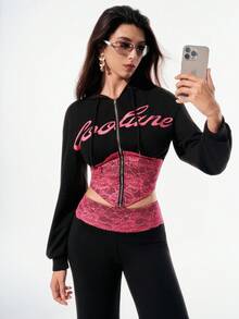 SHEIN Unity 两件套女士蕾丝拼接连帽拉链长袖上衣和裤子套装 - 黑色 - 查看 4