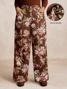 EMERY ROSE Plus Size Women Vintage Minimalist High Waist Elegant Digital Print Long Casual Pants, Winter - Brown - View 1