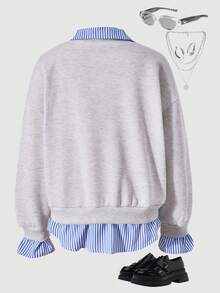 SHEIN ChillGRL 少女休闲套头卫衣，适合上学和通勤，二合一设计，带衬衫领，印有数字和字母，豹纹图案，宽松版型 - 灰色 - 查看 2