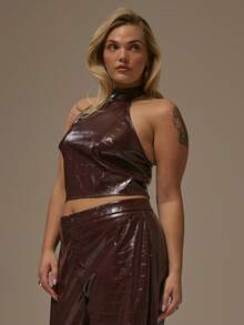 MUSERA Plus High Neck Pu Animal Leather High Racer Neck Top Autum Party Curve - Red - View 3