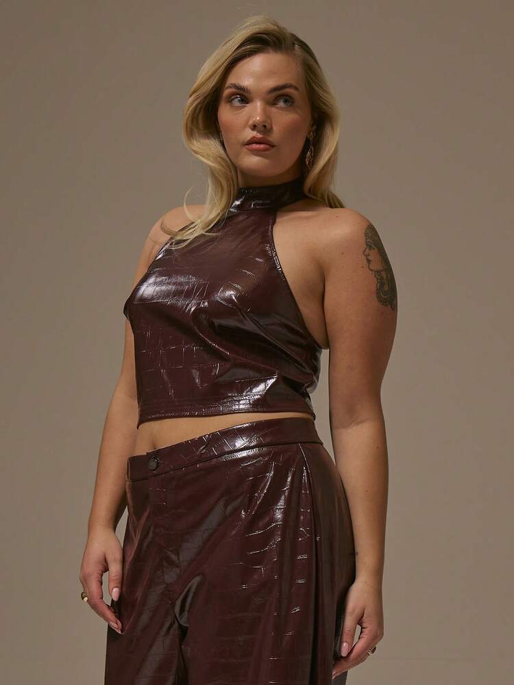 MUSERA 高领PU动物皮高领赛车领上衣秋季派对曲线 - 紅色 - 查看 3