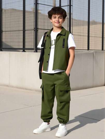 SHEIN Vacaura 3pcs/Set Tween Boy Casual Outfit: Collar Waistcoat & Short Sleeve T-Shirt & Pocket Cargo Pants, Spring/Summer, School, Campus, College