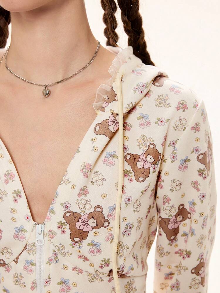 ROMWE Kawaii Women's Cute Bear & Ditsy Floral Lace Patchwork Sweatshirt And Pants 2 Pieces Set - Apricot - View 2