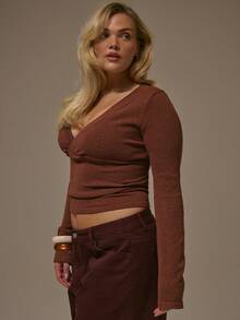 MUSERA Suéter de primavera elegante, lindo y sexy con cuello en V, frente cruzado y manga larga, en estilo pastel de los 90, para aeropuerto, uso diario y oficina - Marrón - Ver 3