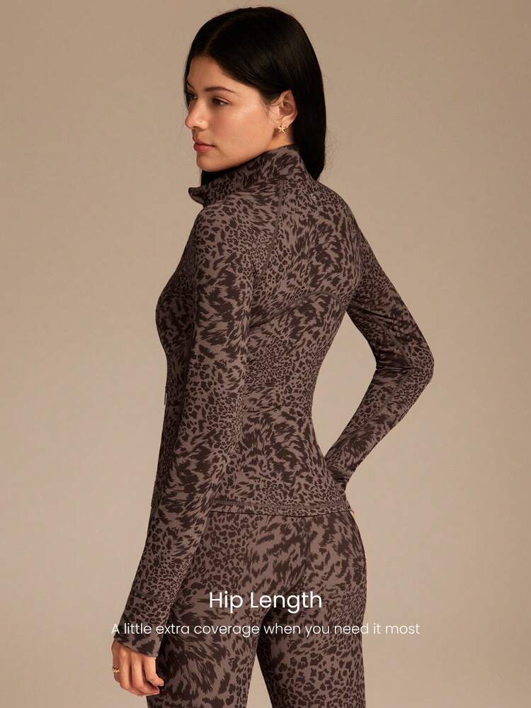 FeatherFit™ Leopard Slim-It Streamline Performance Secure Pockets Zip Up Long Sleeve Jacket Low Impact Yoga Pilates Daily Spring Summer