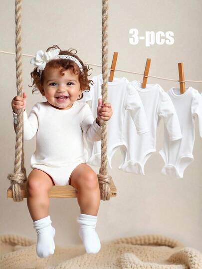 SHEIN 3pcs/Set Casual Ribbed Long Sleeve Bodysuit For Baby Girls