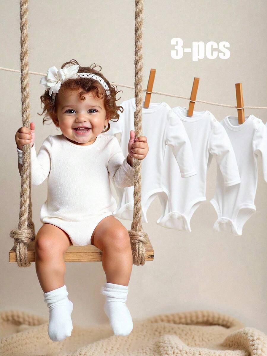 SHEIN 3pcs/Set Casual Ribbed Long Sleeve Bodysuit For Baby Girls - White - View 1