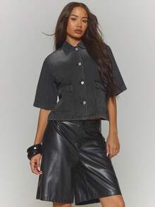 MUSERA Oversized Boxy Fit Washed Denim Shirt Top Only Fall Autumn Winter Streetwear Cool Night Out Everyday Sexy Onyx Spring Summer - Black - View 1