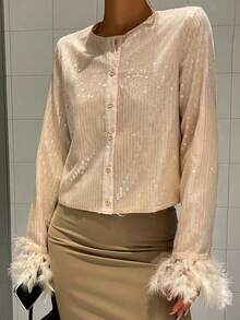 Livesso Women's Elegant Sequin Patchwork Fluffy Blouse, Suitable For New Year, Christmas, Wedding, Party, Ball, Autumn/Winter Long Sleeve Women Glitter Top - Champagne - View 6