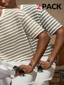 AKNOTIC 2件套男士条纹圆领休闲短袖T恤 - 杏色 - 查看 1