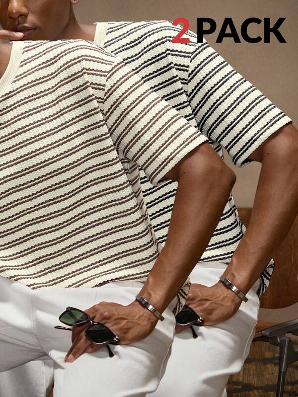 AKNOTIC 2件套男士条纹圆领休闲短袖T恤