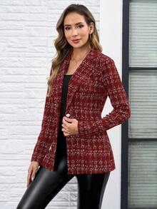 SHEIN Clasi 女式日常格纹修身单扣西装外套 - 酒紅色 - 查看 6