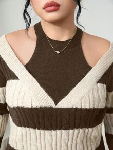 Modelyn Áo len hở vai kẻ sọc màu tương phản cỡ lớn, phong cách đường phố cho mùa thu - Lạc đà - Xem 6