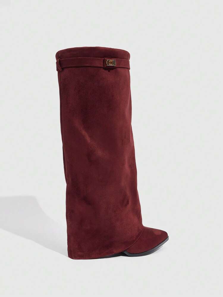 Daringsoles Women's Pointed Toe Chunky Heel Suede Western Boots With Fringe, Slim Fit Tall Boots For Christmas - Burgundy - View 9