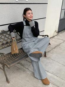 Dazy Plus 时尚条纹宽松休闲背带裤，带口袋，大码女式长款牛仔连体裤 - 藍色 - 查看 1