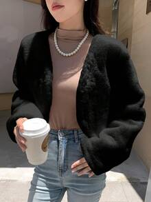 DAZY Áo khoác ngắn tay hở trước màu trơn dành cho nữ, mùa thu/đông - màu đen - Xem 3