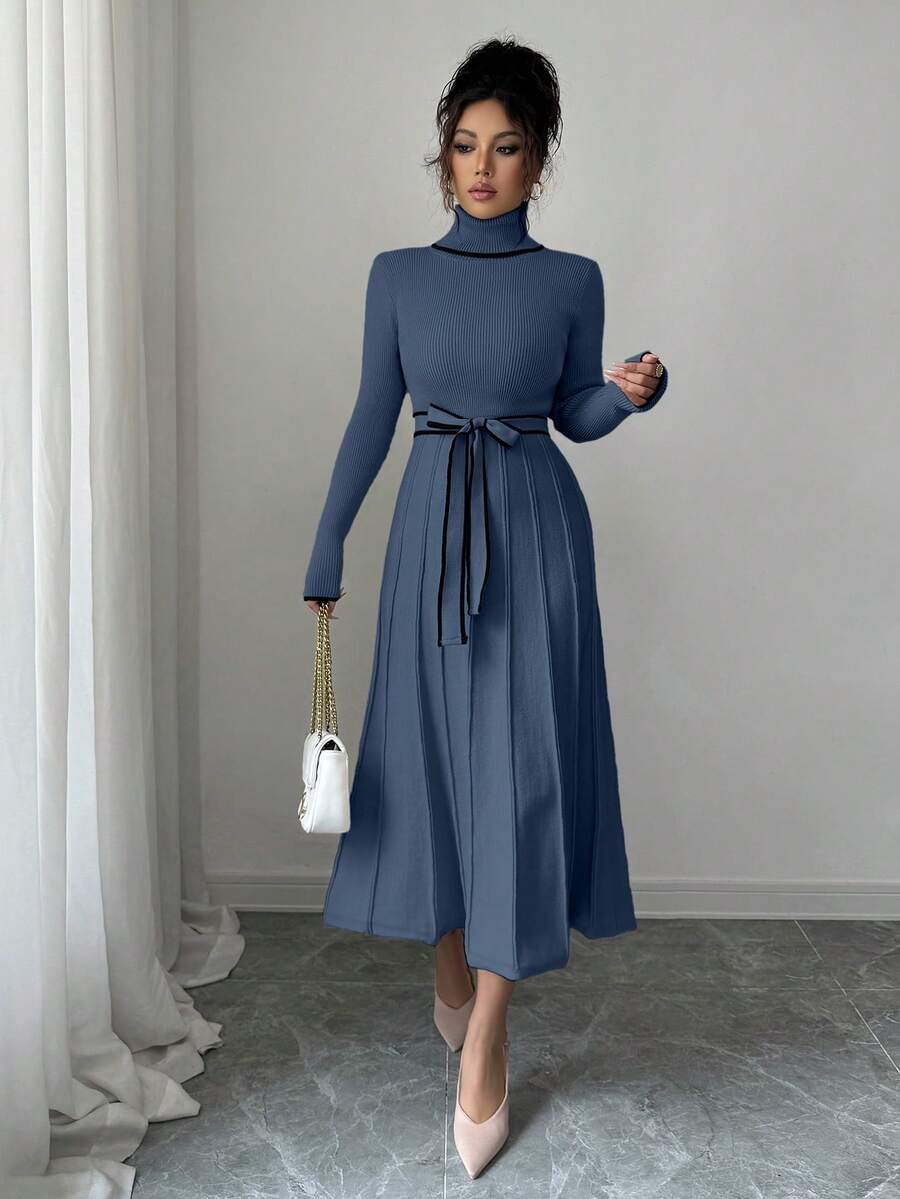 SHEIN Elenzya Váy len peplum viền tương phản, cổ cao ôm sát thanh lịch dành cho nữ, mùa thu/đông - Màu xanh bụi bặm - Xem 1